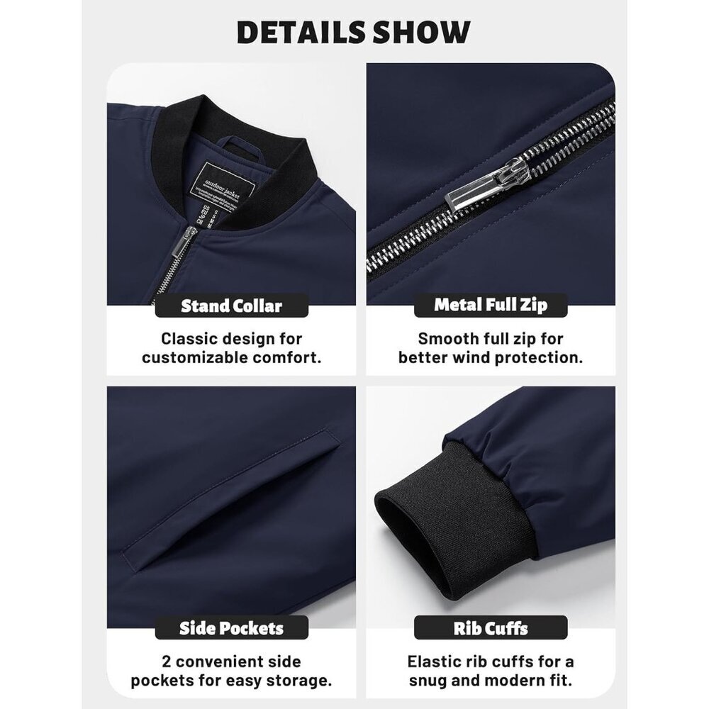 Men's Navy Zipper Spring Windproof Water Resistant Winter Warm Bomber Jacket - Picture 6 of 7